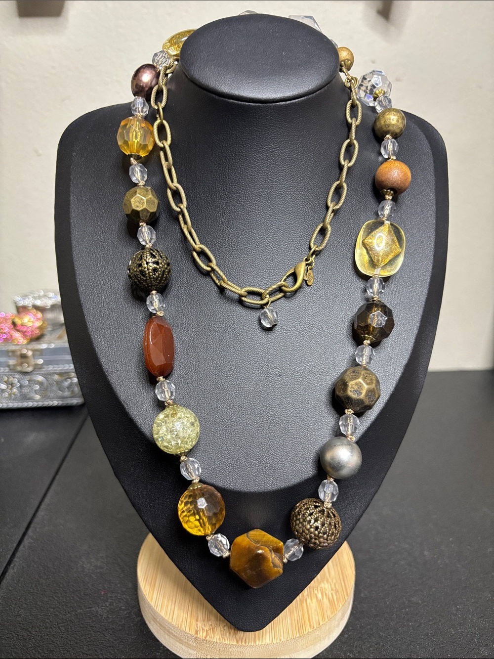Premier Designs Mixed Media Amber Gold Beaded Necklace Glass Acrylic Statement